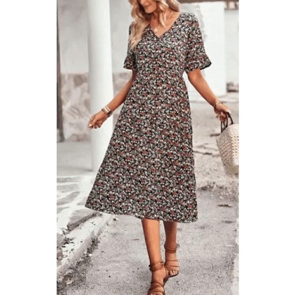 Women's Floral V-neck Ruffle sleeve Midi Dress XS #1658-A7